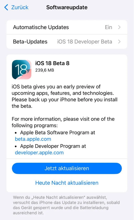 正安苹果手机维修分享苹果 iOS / iPadOS 18 开发者预览版 Beta 8 发布 